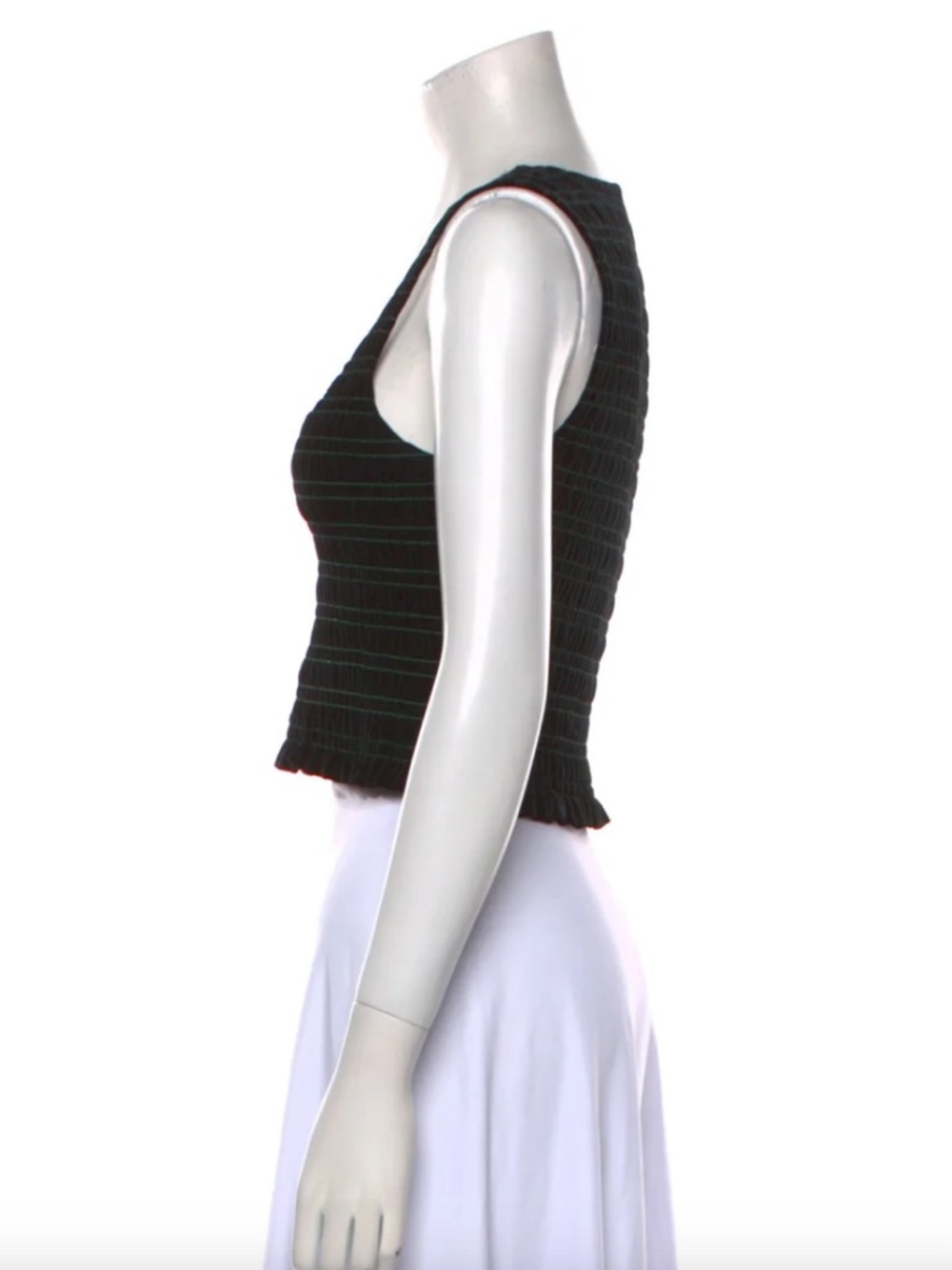 Ganni Black Smocked Cropped Tank Top with Green Stitching - Picture 7 of 8